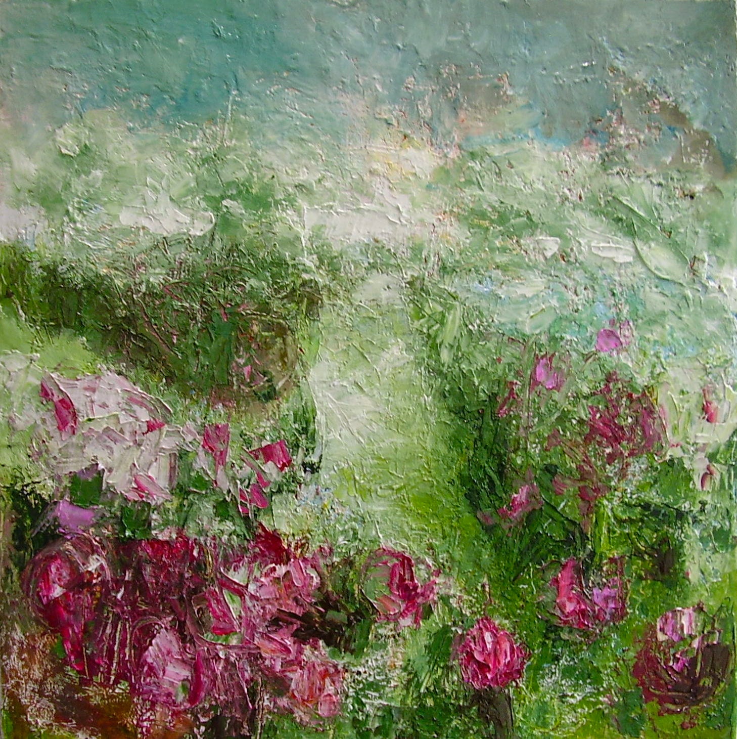 Original painting, garden landscape, roses, 18 x 18 inches approx
