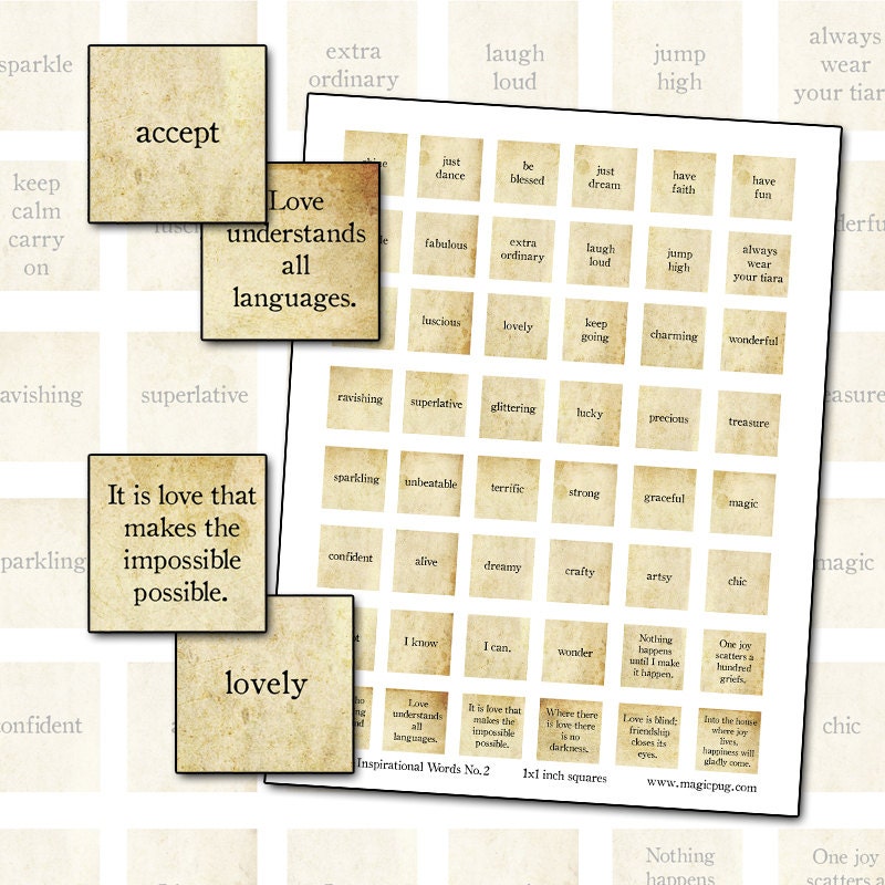Inspirational Words II in sepia natural inchies digital collage sheet for jewelry decoupage 25mm 25.4mm 1x1
