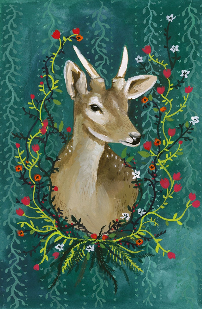 Deer with Flowers - Print