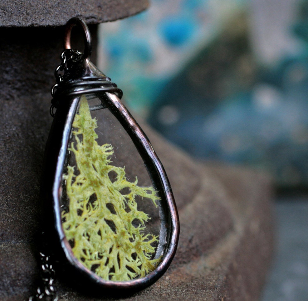 terrarium necklace real moss modern preserved reindeer moss pendant woodland jewelry teardrop green copper patina natural MOSS DROP