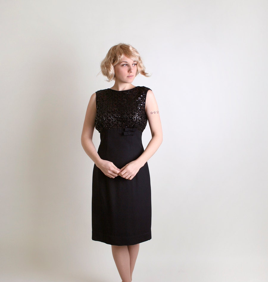 Vintage 1960s Dress - Little Black Sequin Wiggle Cocktail Dress - Medium