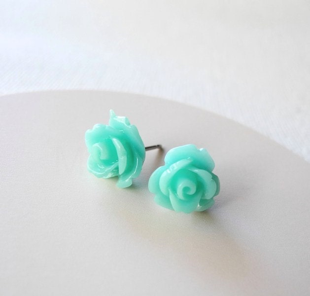 Mint Rose Earring Studs - Mint Pastel Jewelry - Mint Jewelry - Mint Flower Earring Posts