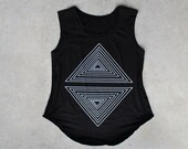 Tshirt for women - cap sleeve t shirt - geometric triangle print on jet black a-line cotton tops - summer fashion - Rule of Thirds