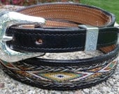 Black Leather Belt - Colorful Stitched Design - Etched Silver Buckle - Snap Removable - Vintage Men Women Native American Western 35 36 37