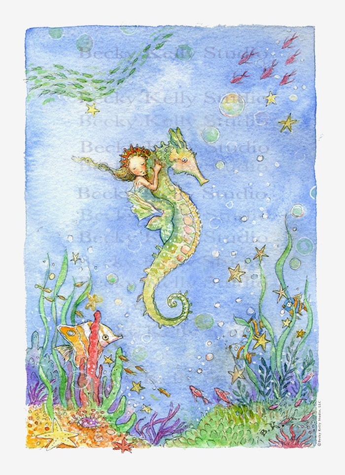 Mermaid Art, Mermaid Print, Mermaid Illustration, Girls Room Print, Under the Sea,  Seahorse and Mermaid Signed Print