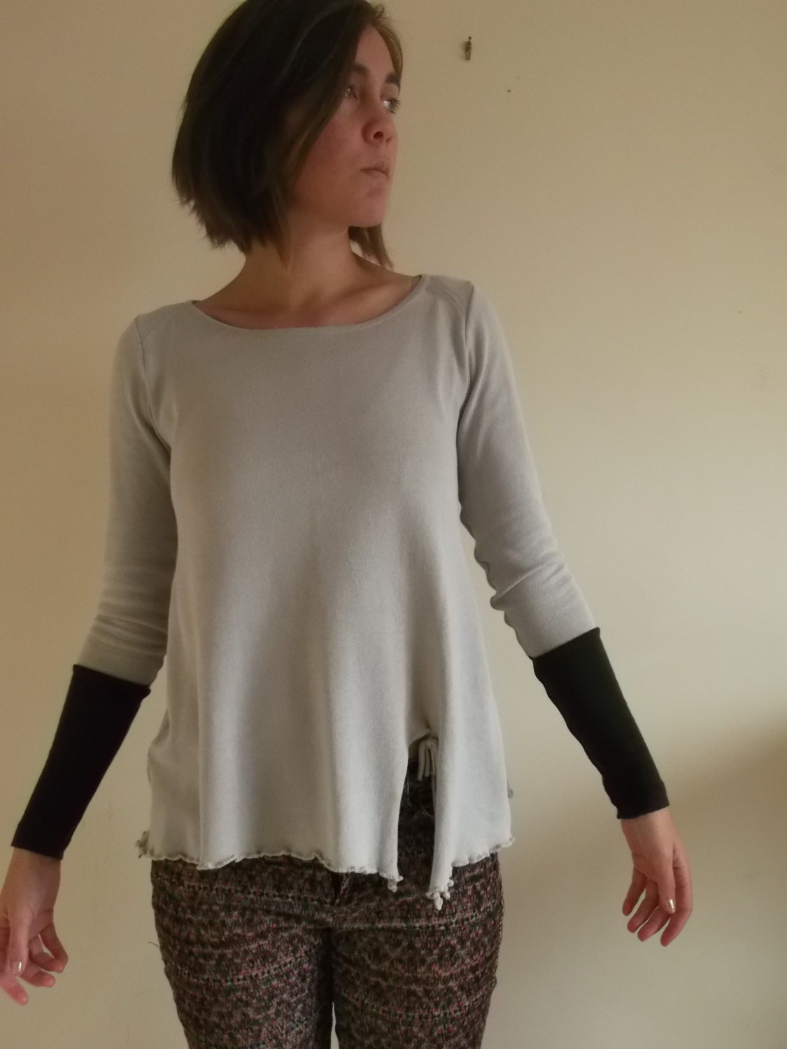 XS upcycled jumper long sleeved womens in pale gray and brown - extrasmall