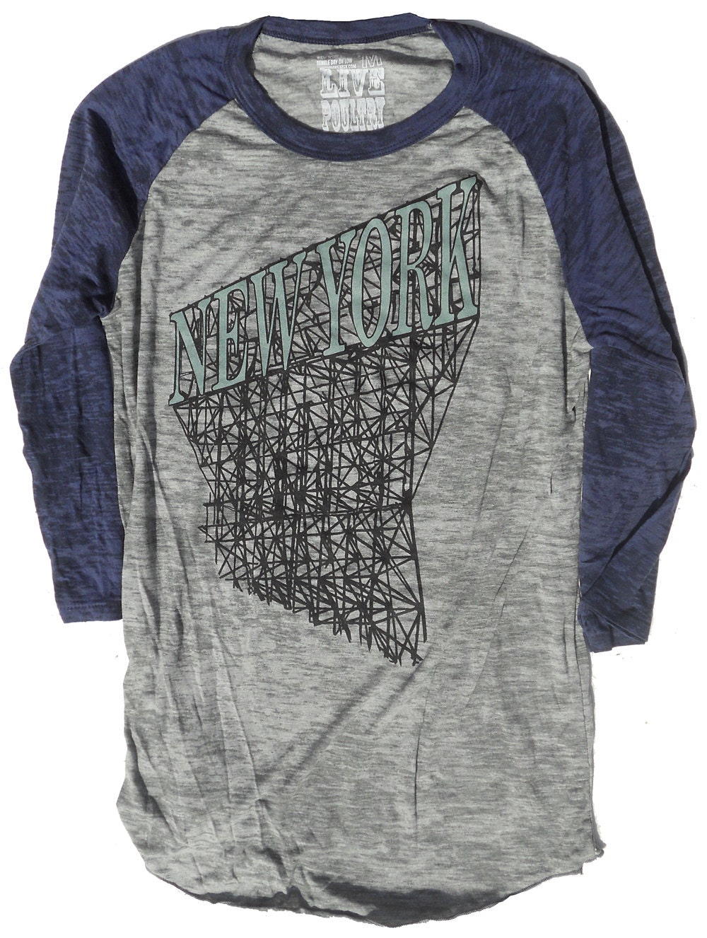 Women's Baseball Shirt, New York Unisex Burnout Grey and Navy - XS, S, M, L, XL