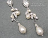 Wedding Earrings, Rhinestone Pearl Bridal Earrings, Vintage Style Leaf Dangle EArrings, Bridal Jewelry,Bridesmaid Earrings,Wedding Jewelry