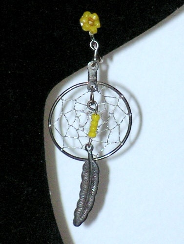 Vintage Dream Catcher Earrings Silver Wire Feather Hoops Yellow Beads