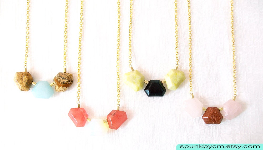 Minimalist Gemstone Trio Gold Brass Necklace - Quartz, Jasper, Goldstone, Blackstone, Chalcedony, Opalite