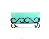 Mint Green Planter - Double Wide Ceramic Plant Holder - Flower Pot Scrolly Cast Iron Style Stand - Fresh Spring Counter, Desk, Table Decor