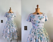 vintage 1950s Dress  // Blue Roses Chiffon Dress