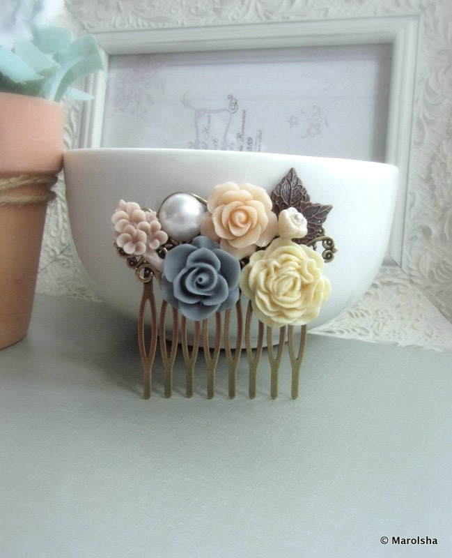Ivory Peony Flower, Peach, Blue, Pearl Flower Collage Hair Comb. Maid Of Honor, Bridesmaids Filigree Hair comb, Wedding. Vintage Style Comb.