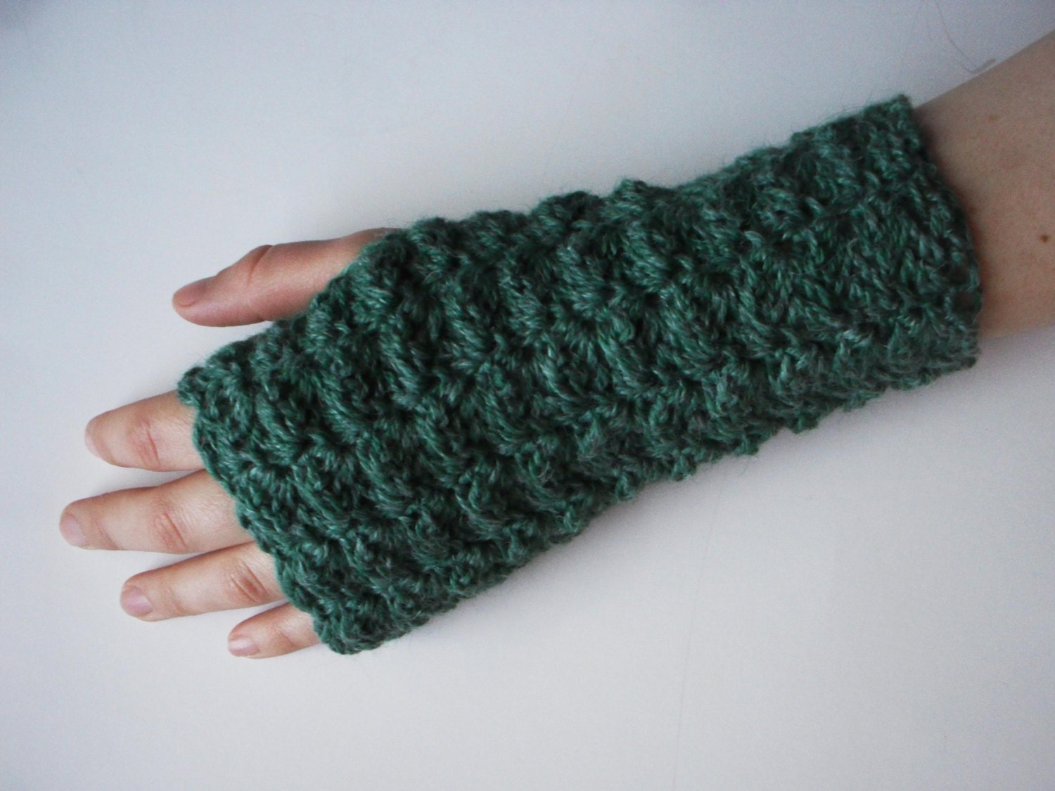 Textured Arm Warmers - Leaf Green Hemp Wool Fingerless Mitts Arm warmers Gloves Crocheted Hand knit Ready to Ship