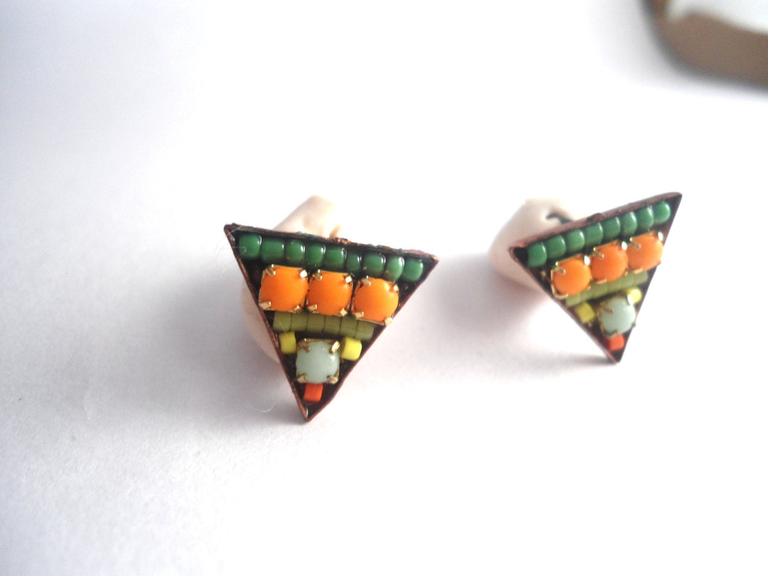 Earrings, Global, Triangle, Geometric, Orange, green, Bead work, Mosaic