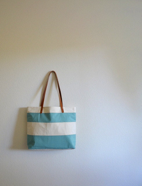 Striped Summer Tote, Cream and Aqua Turpuoise, Cotton Shoulder Bag with Real Leather Straps and Canvas Bottom