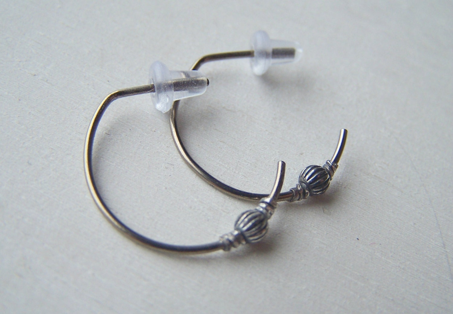 pure titanium demi hoop post earrings with oxidized sterling silver fluted ball
