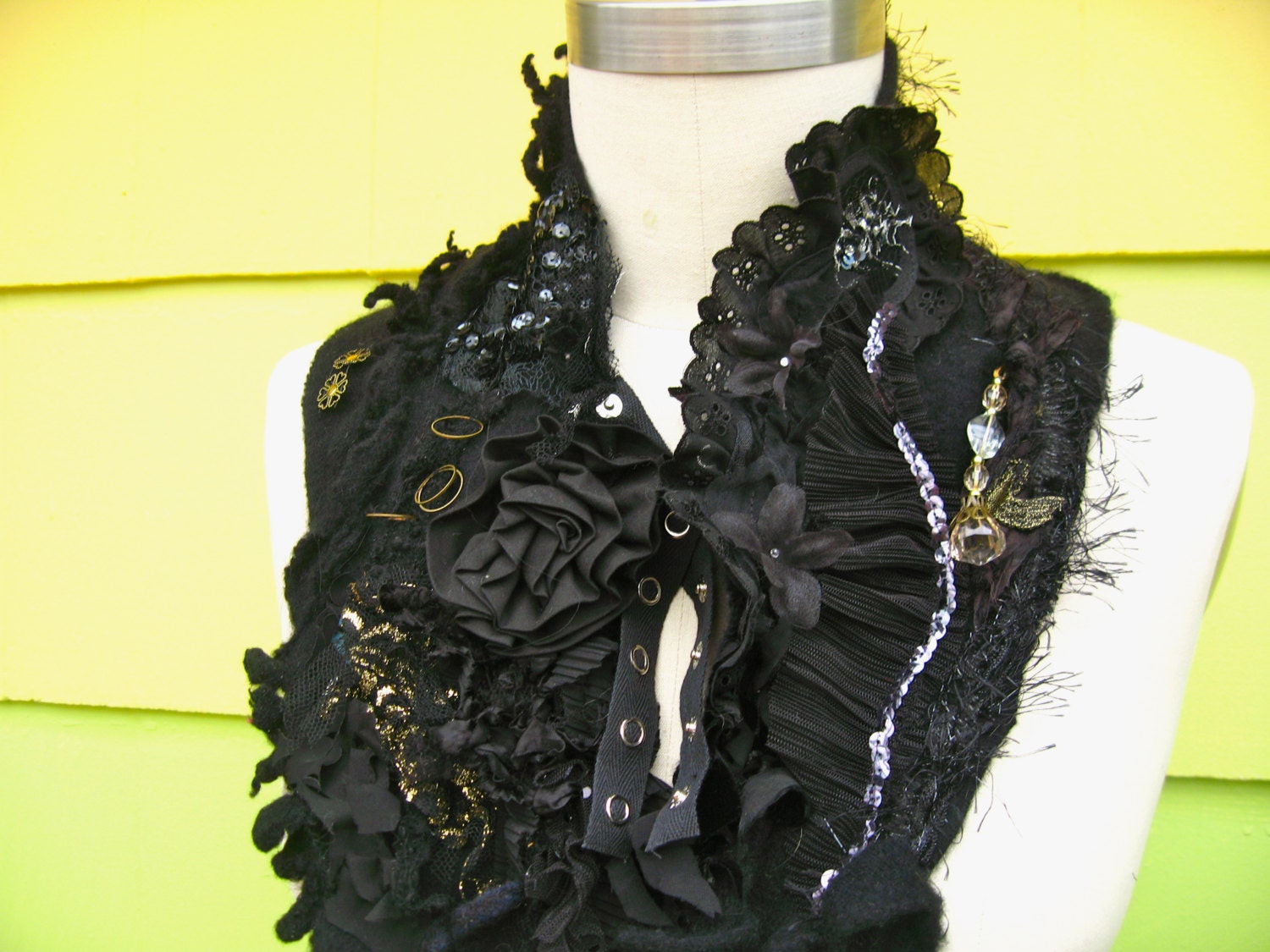 Rugged distressed cashmere  SCARF/ SHAWL/Wrap with a lot  of textures. Goth Lolita.
