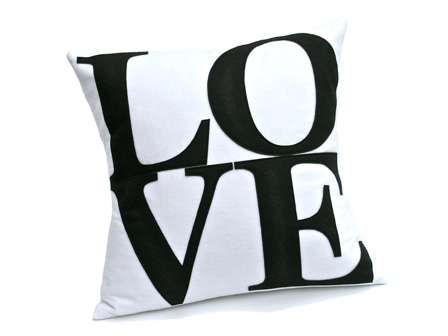 LOVE in Black on White Handmade Appliqued Eco-Felt Throw Pillow Cover  - 18 inches