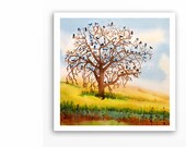 Trees & Bikes Watercolor Painting, Print - Mothers Day - Birds, Landscape Paintings, Home Decor, Yellow, Women, Men, Woodlands - 12 x 12