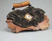 Handcrafted Brooch Pendant - Black Fiber and Copper  No. 121