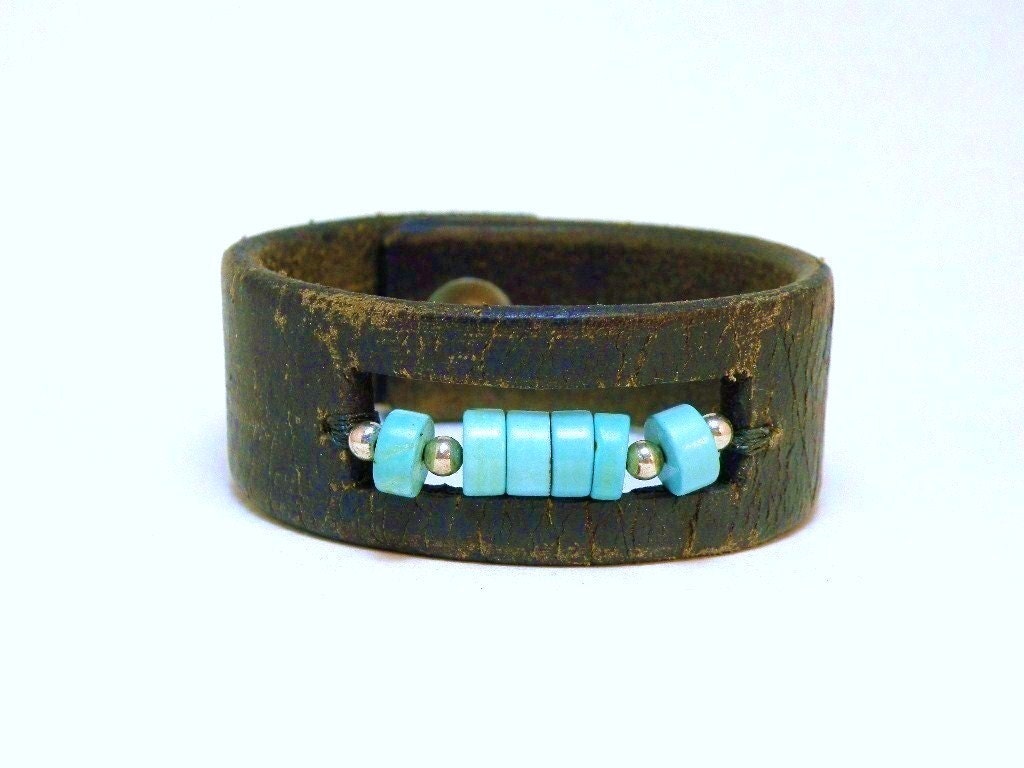 Leather Turquoise and Sterling Silver Cuff Bracelet Old Pawn Style Leather Wristband