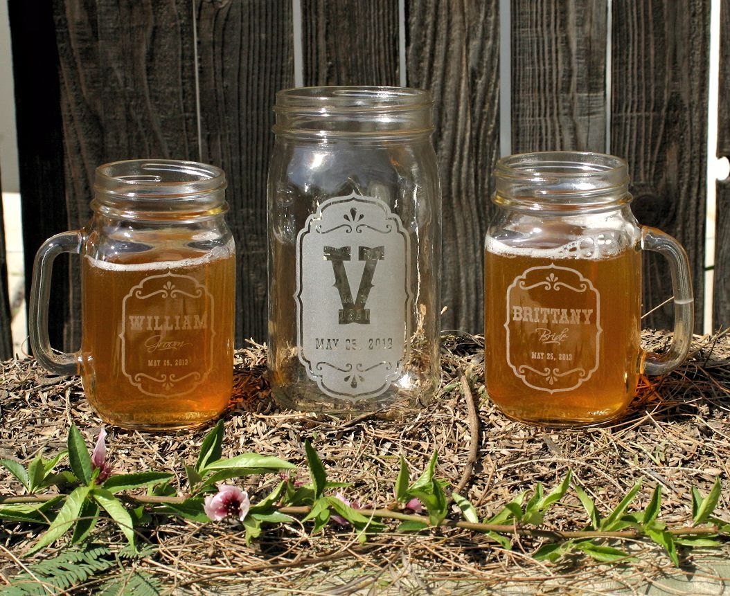 Beer Unity Set : (2) Mason Jar Glasses & (1) Wide Mouth Canning Jar, Home Brew Wedding, Rustic Wedding Decor Unity Candle Alternative