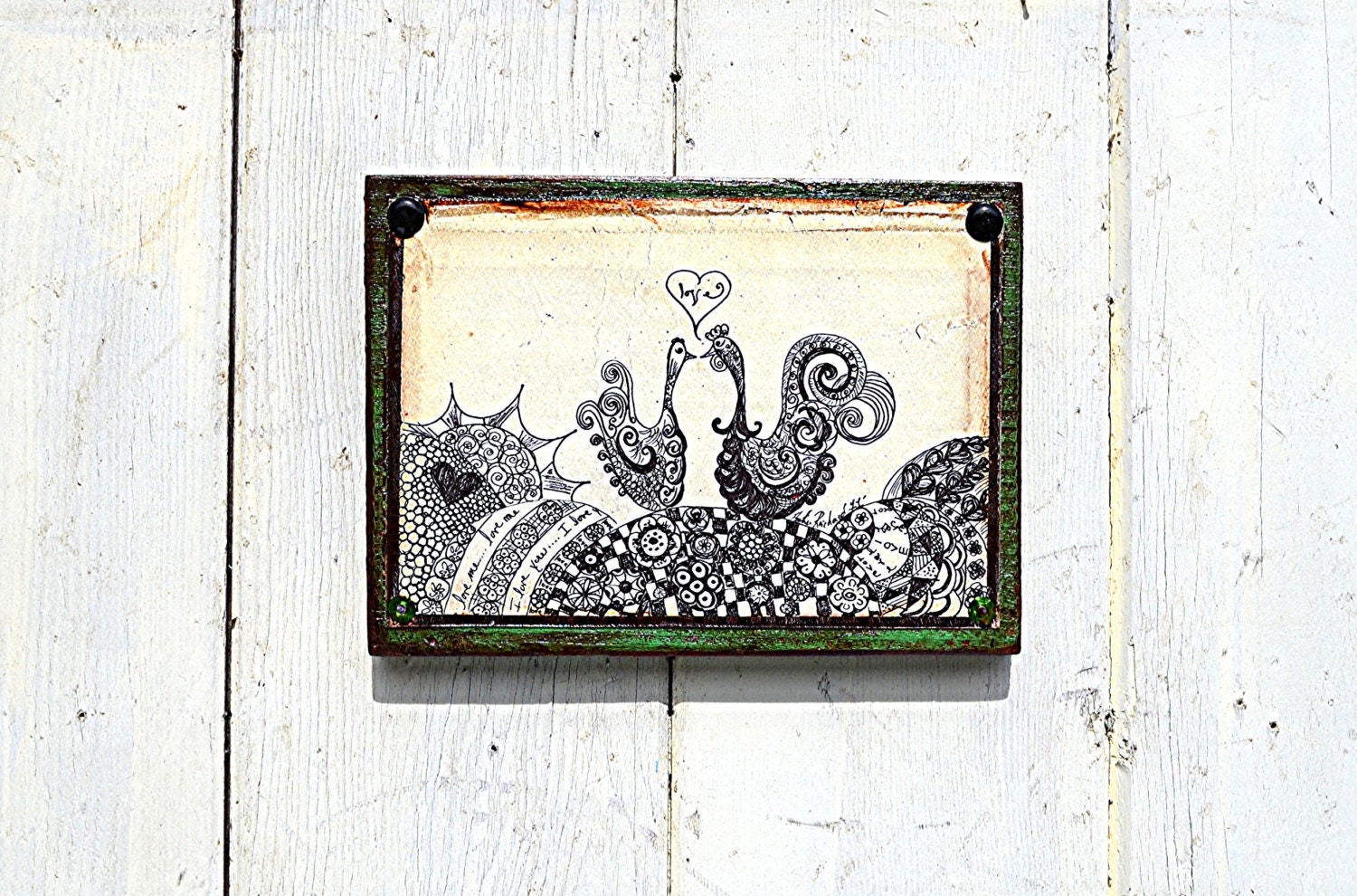 Love Birds Art Print Recycled Folk Art Chicken Loves Rooster Whimsical Detailed Pen Drawing Print Rustic Home Decor
