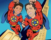 SuperDad Print - Personalized Superhero Print  with 2 Superheroes - Illustrated from your photos PRINTABLE FILE