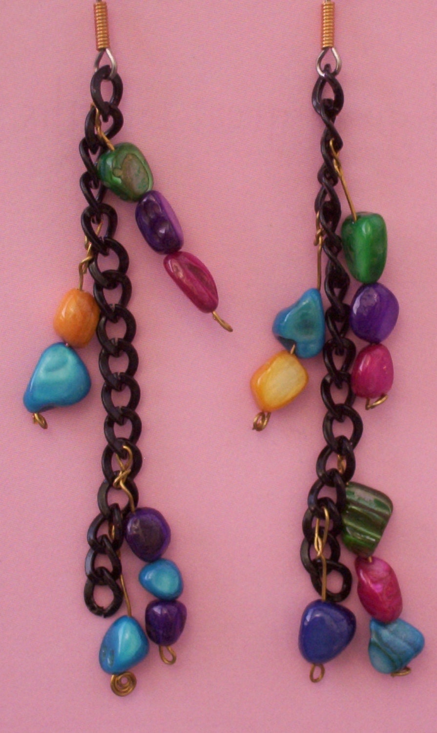 Black Chain Dangle Earrings Multi Color Beads