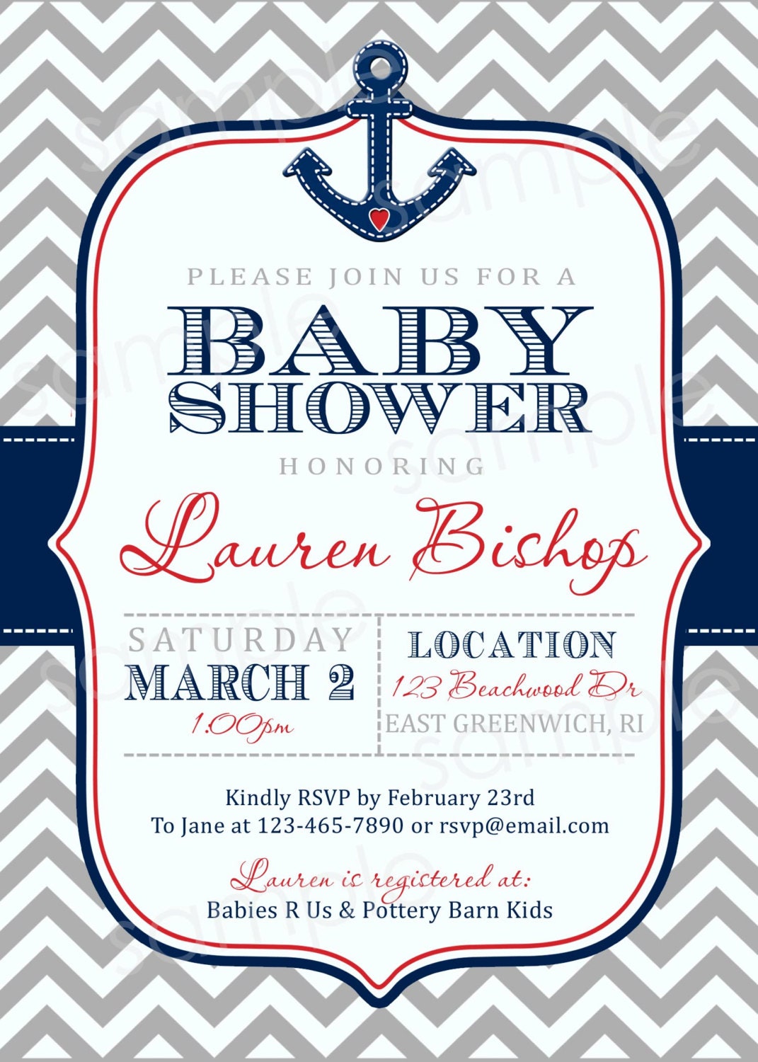 Nautical Chevron Print Baby Shower Invite -  DIY Digital, Printable Party INVITATION - 4x6 or 5x7