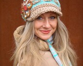 BOHEMIAN Slouchy Beanie crochet slouch hat FLOWER cap NEWSBOY hat Visor Beanie Hippie gypsy funky hat Blue Beige Beanie with brim