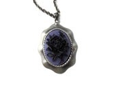 Dark Rose Cameo Necklace, Purple Oval Necklace, Black Flower Pendant, Gothic Jewelry, Gunmetal Chain