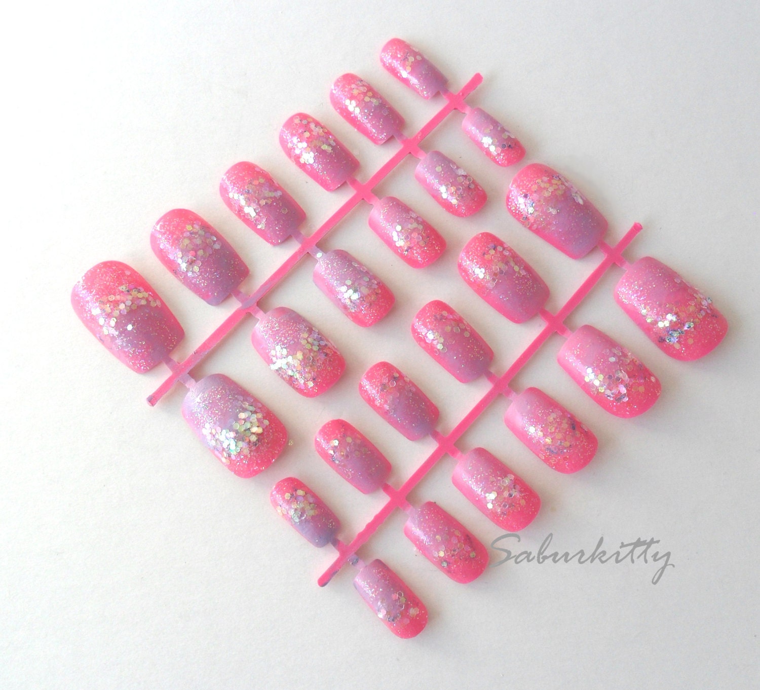 Lavender Neon Pink Semi 3D Nail Art mermaid dots scale purple artificial fake acrylic nails manicures 24 count w/Glue