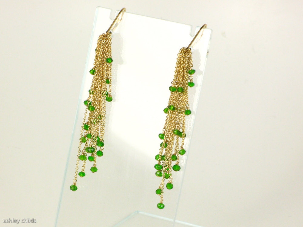 Gold Chain Fringe Earrings with Faceted Green Diopside Rondelles AC0685 by Ashley Childs