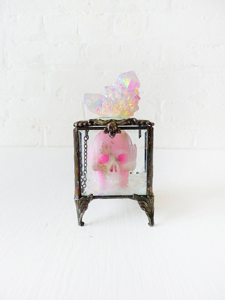 Death Over the Rainbow - Beveled Glass Jewelry Box with Pink Crystal Carved Skull and Magical Aurora Crown Cluster