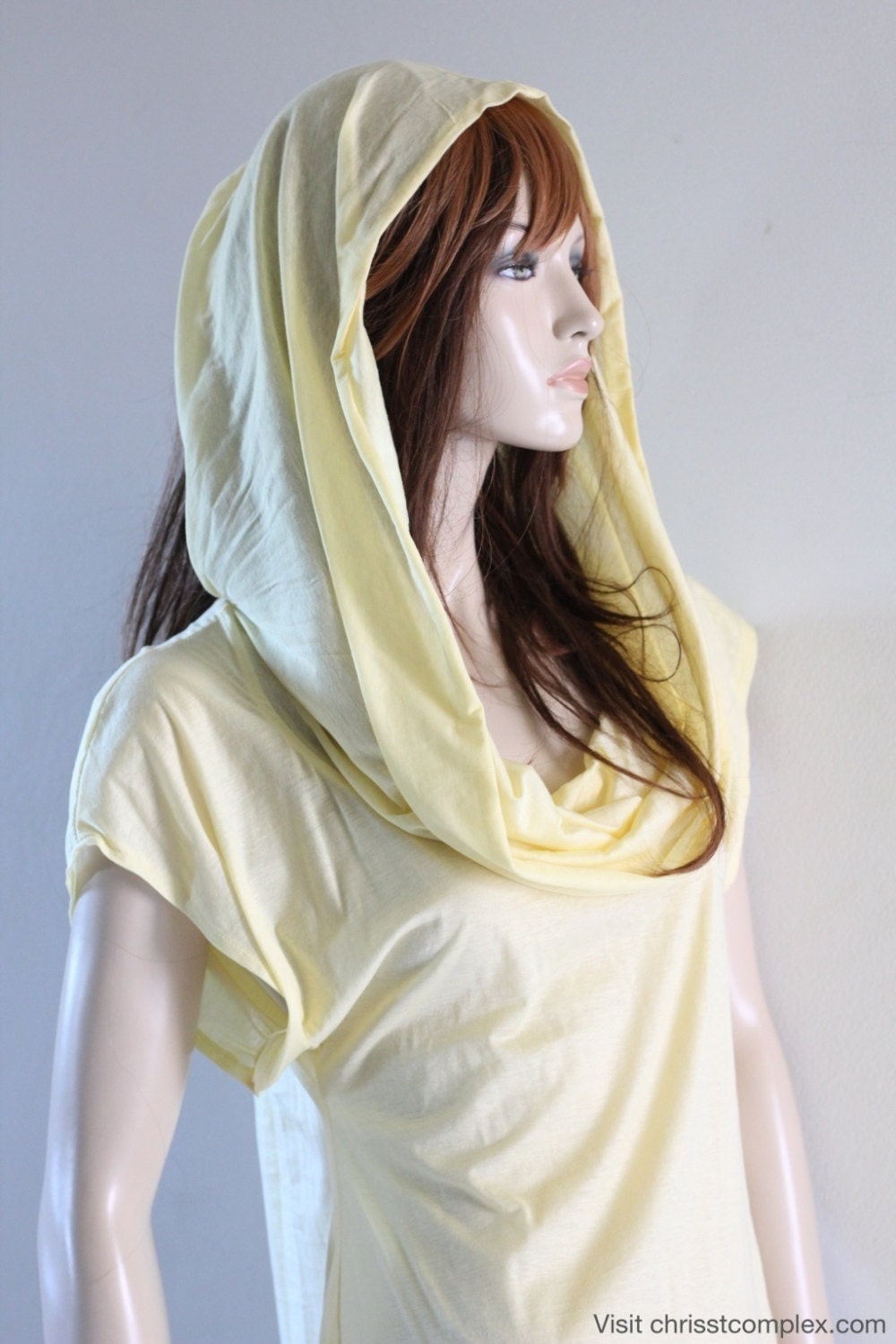 Hoodie T-shirt Short Sleeve Top Hood Drape Cowl Modal Yellow Stretch Unique Fashion - SPECIAL ETSY PRICE