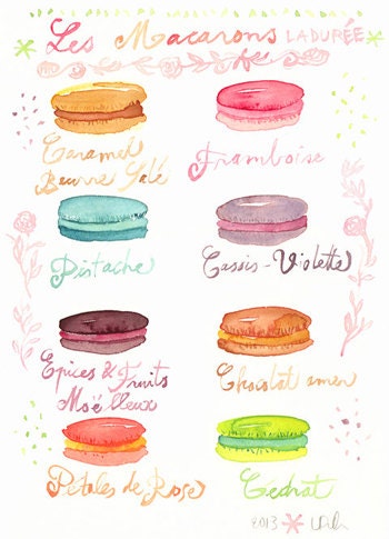 Macarons Ladurée watercolor painting Macaron flavors Kitchen art Pastel Paris French bakery