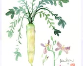 Japanese vegetable original watercolor painting, Daikon and flower, Kitchen art, green, cream, Food, Home decor