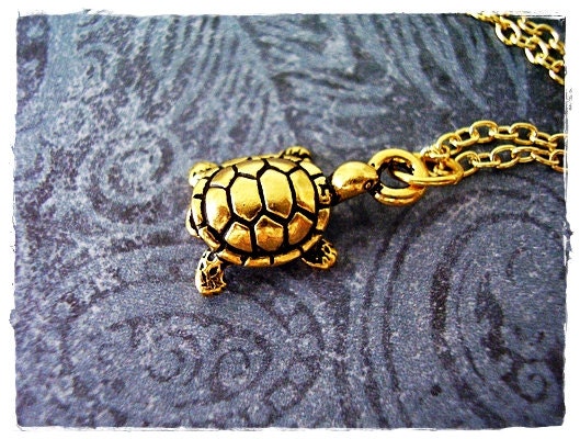 Tiny Turtle Charm Necklace in Antique Gold Pewter with a Delicate 18 Inch Gold Plated Cable Chain
