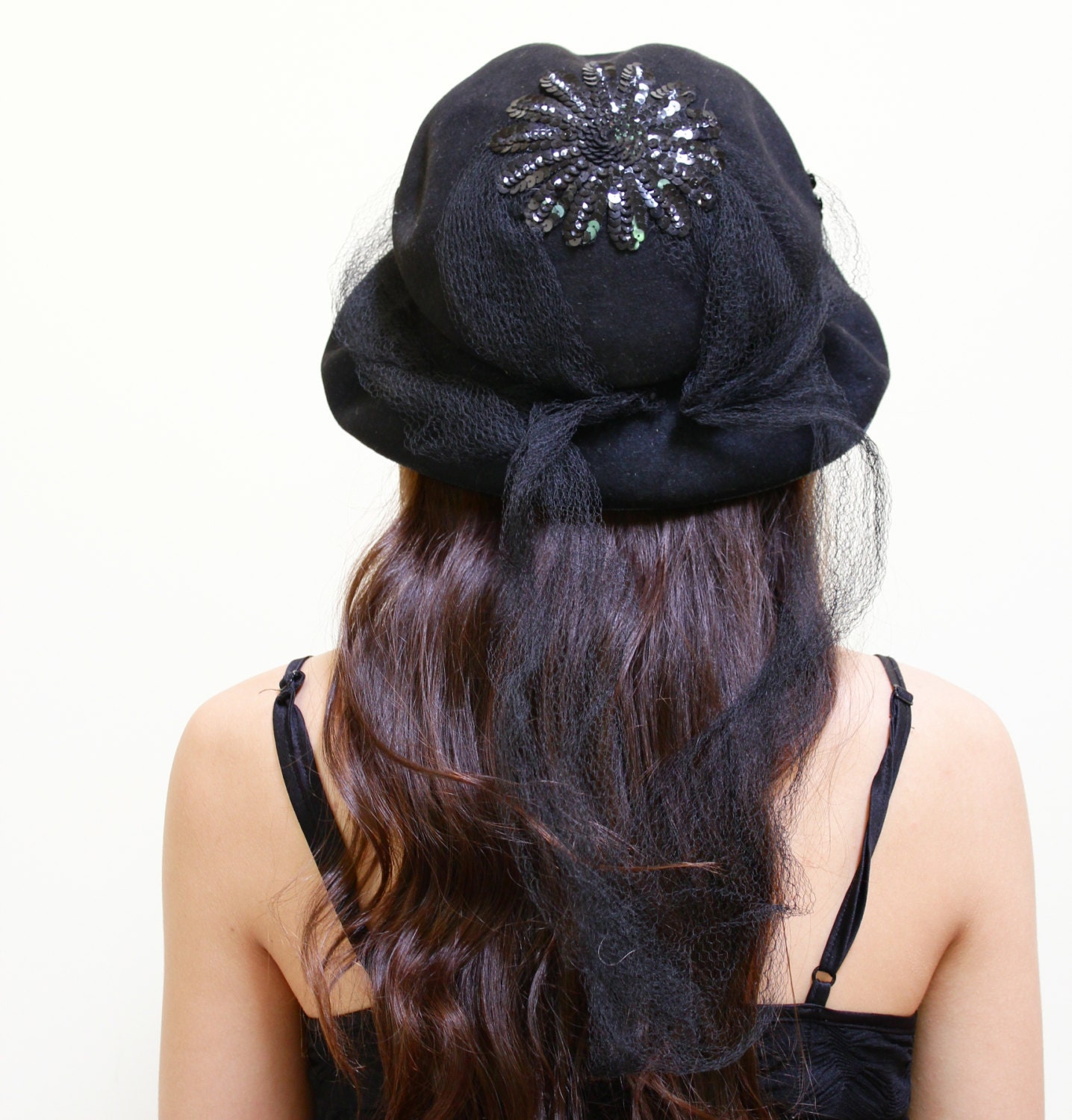 Vintage Black Sequin Veil Hat - 1950s 1960s Long Back Netting / Roos Bros California