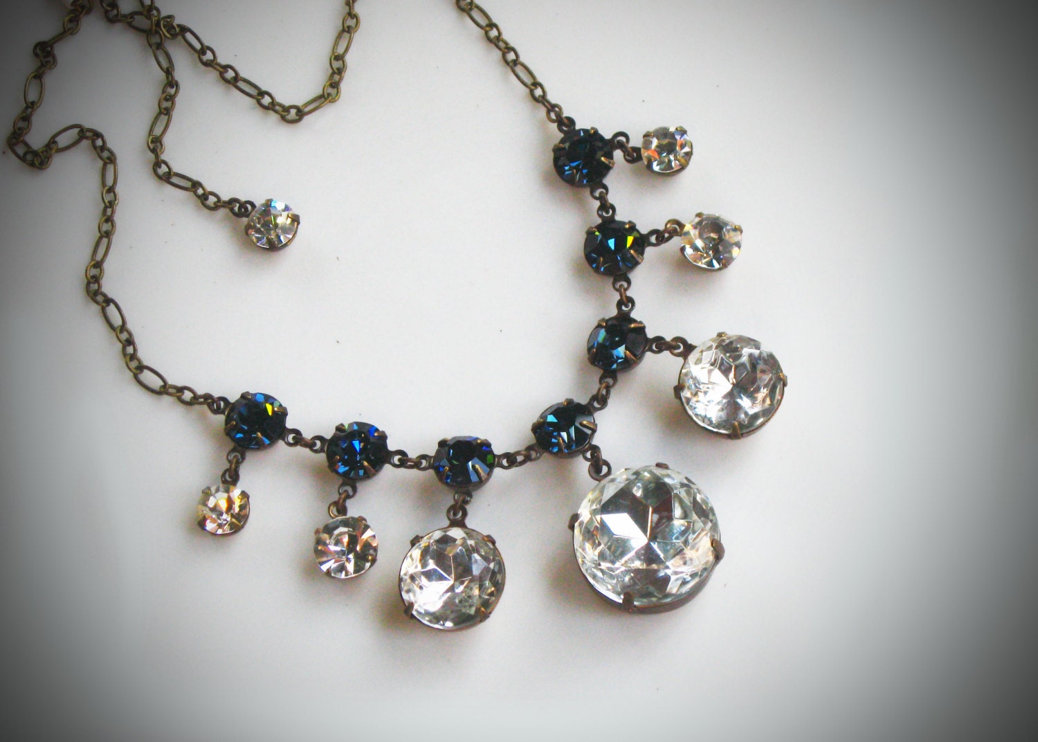 Edwardian Sapphire & Crystal Rhinestone Statement Necklace, Wedding, Bride
