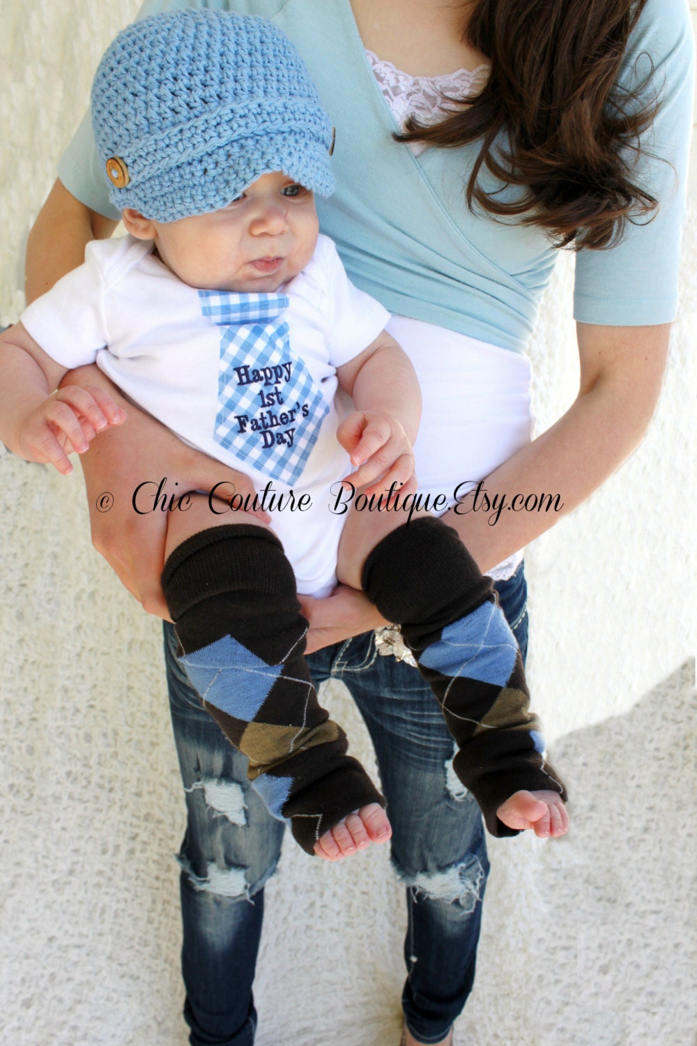 Happy 1st Father's Day Baby Boy Tie Onesie & Leg Warmers Set. Choose Any Necktie Fabric. Plaid, Stripes, Argyle. New Dad, New Baby.