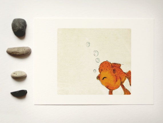 Daily Drawing No. 3 Goldfish 5x7 illustrated art print, orange, fish, pet, minimalist