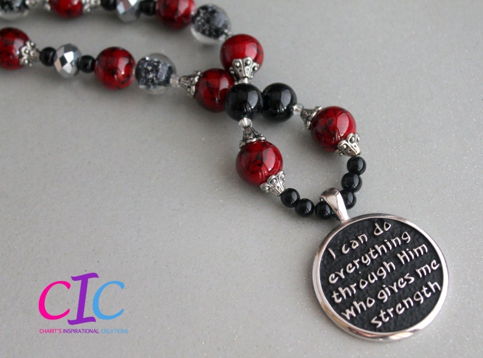 Red and Black Phil. 4:13 Scripture Christian Necklace