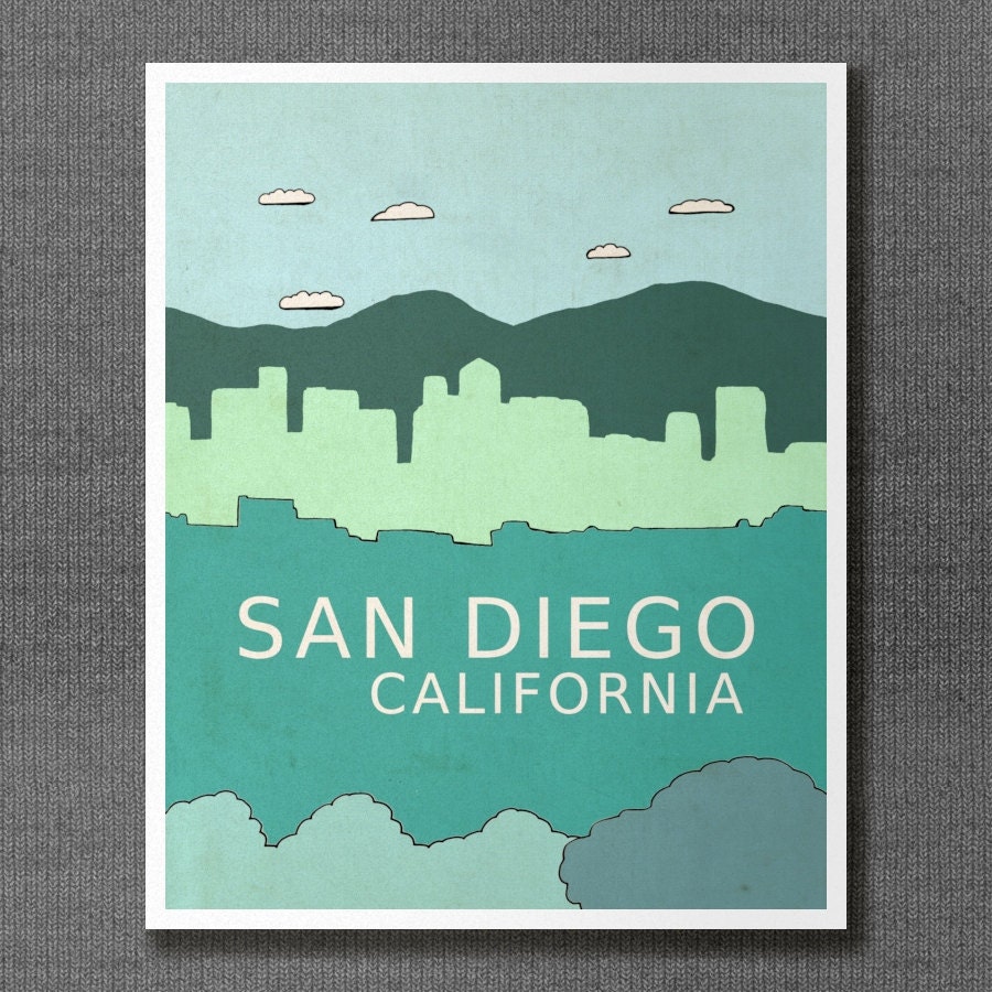 Wall Art Children Home Decor Travel City Poster  - San Diego California - American West Coast Skyline Illustration Print