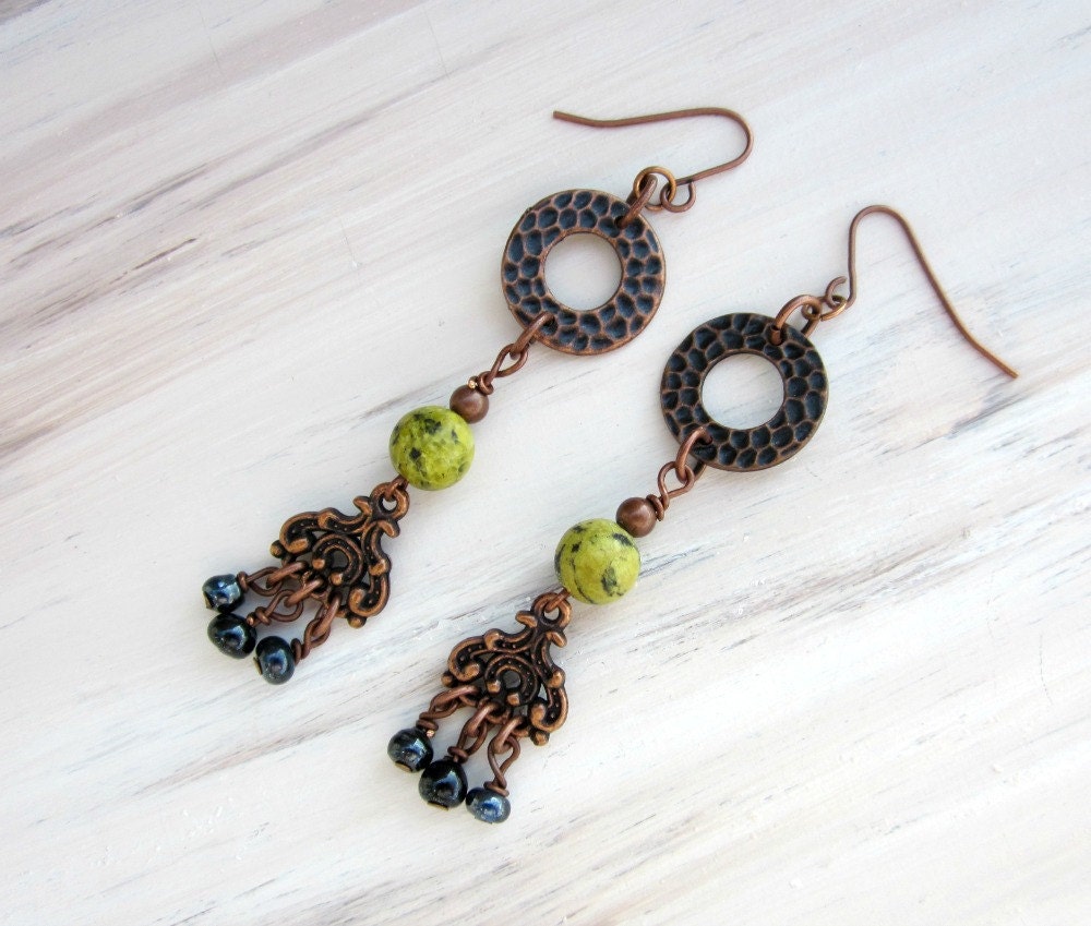 Long Gypsy Bohemian Dangle Chandelier Earrings - Gemstone Antique Copper Earrings - Yellow Turquoise Stone Earrings - Rustic Jewelry
