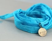 Silk Wrap Bracelet : Tie On Bohemian Teal Silk Ribbon Bracelet with Antique Brass Round DREAM Charm