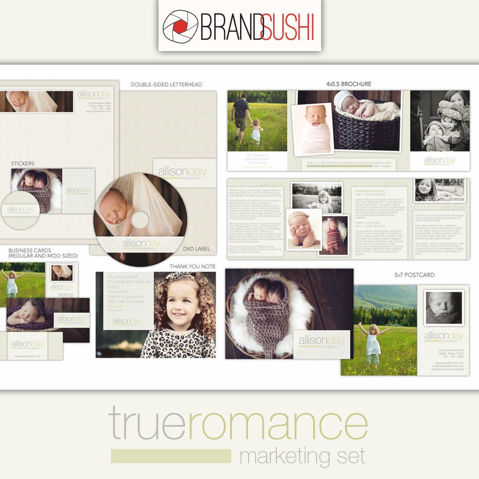 True Romance Marketing Set - Templates for Photographers - Brochure, Postcard, DVD, Business Card And More - INSTANT DOWNLOAD