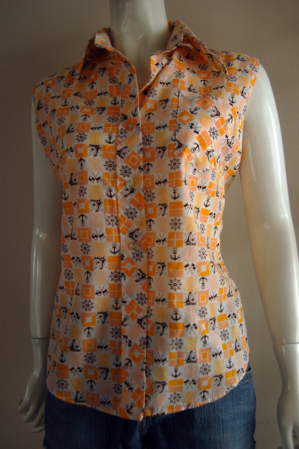 Vintage 70's Nautical Anchor Print Sleeveless Cotton Button Down Blouse